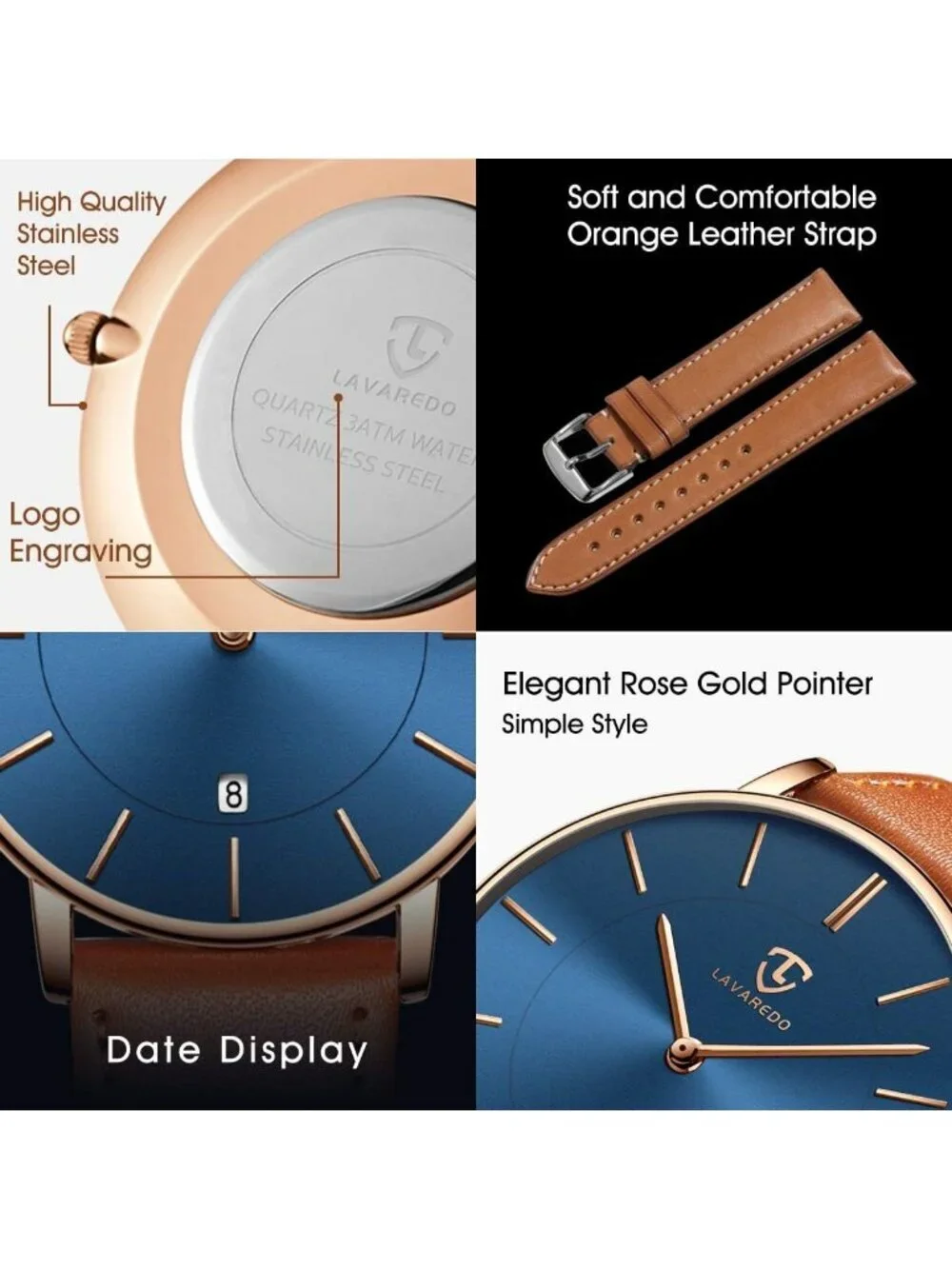 Men Blue Orange Leather Strap Analog Minimalist Fashion Simple Round Wrist Watch